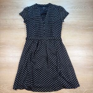 MSK Womens Size 4 Polka Dot Dress Black Sheer Overlay V Neck Belted Pleated Chic